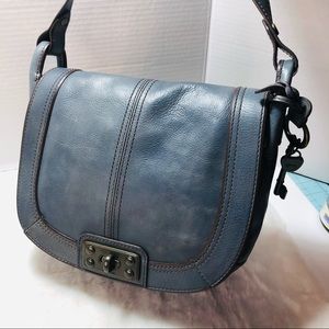 Like new FOSSIL Grey-Blue Leather Flap TurnLock Shoulder Handbag Crossbody Purse